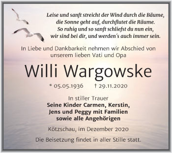 Traueranzeige von Willi Wargowske von Super Sonntag Merseburg/Querfurt