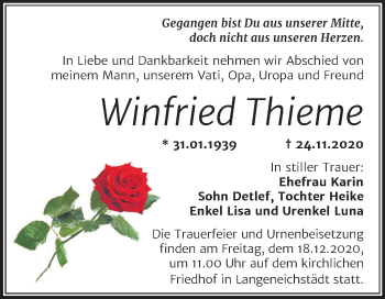 Traueranzeige von Winfried Thieme von Super Sonntag Merseburg/Querfurt