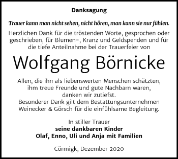 Traueranzeige von Wolfgang Börnicke von Super Sonntag Bernburg / Köthen