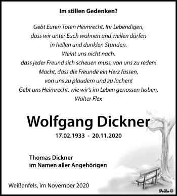 Traueranzeige von Wolfgang Dickner von Wochenspiegel Weißenfels