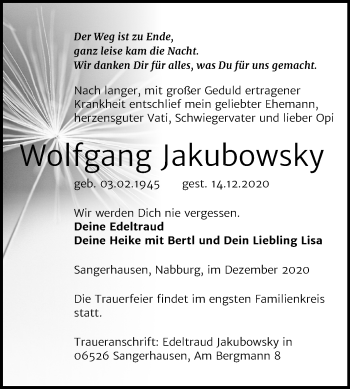 Traueranzeige von Wolfgang Jakubowsky von Mitteldeutsche Zeitung Sangerhausen