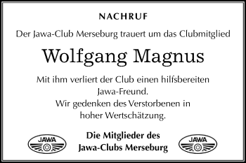 Traueranzeige von Wolfgang Magnus von Mitteldeutsche Zeitung Merseburg/Querfurt
