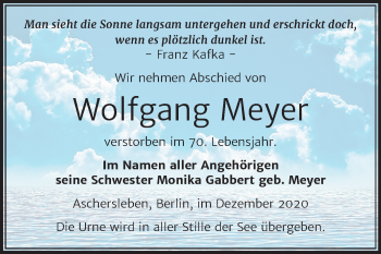 Traueranzeige von Wolfgang Meyer von Mitteldeutsche Zeitung Aschersleben