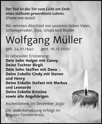 Traueranzeige von Wolfgang Müller von Mitteldeutsche Zeitung Aschersleben