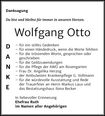 Traueranzeige von Wolfgang Otto von Mitteldeutsche Zeitung Sangerhausen