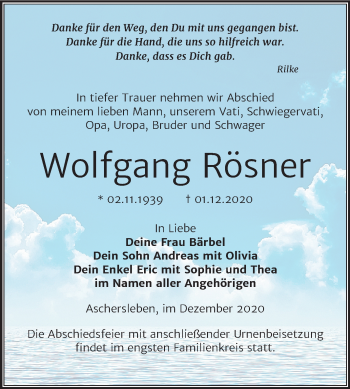 Traueranzeige von Wolfgang Rösner von Super Sonntag Aschersleben