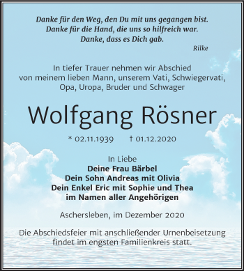 Traueranzeige von Wolfgang Rösner von Mitteldeutsche Zeitung Aschersleben