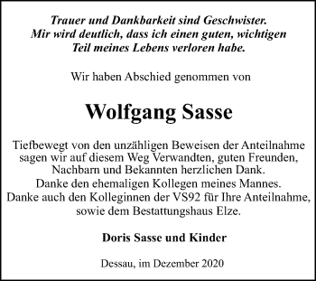Traueranzeige von Wolfgang Sasse von Super Sonntag Dessau-Roßlau