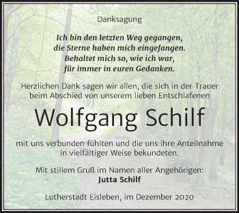 Traueranzeige von Wolfgang Schilf von Mitteldeutsche Zeitung Mansfelder Land