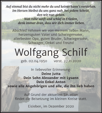 Traueranzeige von Wolfgang Schilf von Super Sonntag Mansfelder Land