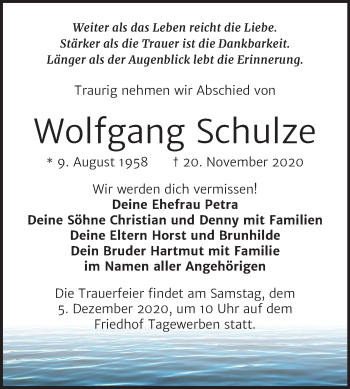 Traueranzeige von Wolfgang Schulze von Wochenspiegel Weißenfels