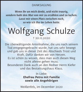 Traueranzeige von Wolfgang Schulze von Mitteldeutsche Zeitung Weißenfels