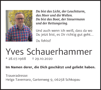 Traueranzeige von Yves Schauerhammer von Mitteldeutsche Zeitung Merseburg/Querfurt