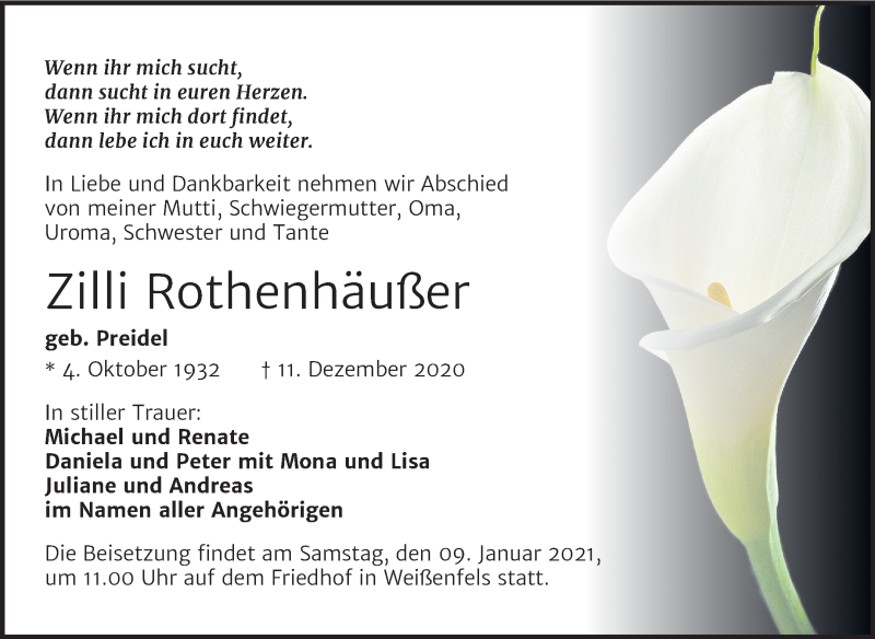  Traueranzeige für Zilli Rothenhäußer vom 19.12.2020 aus Mitteldeutsche Zeitung Weißenfels