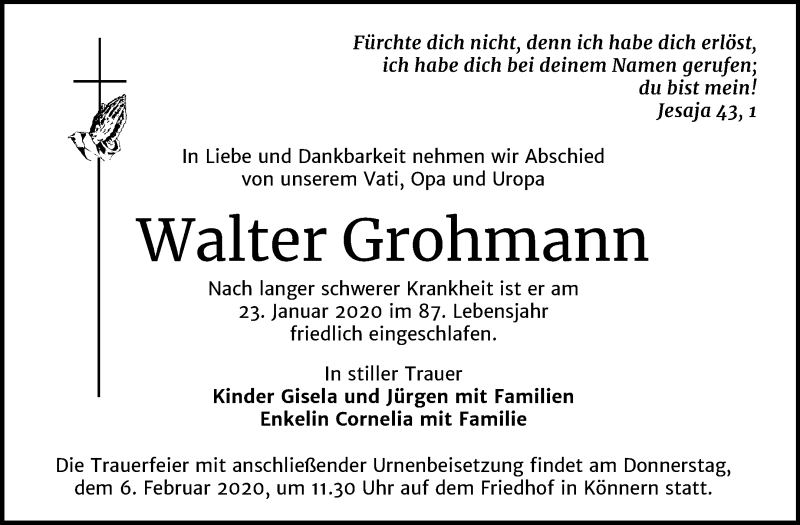  Traueranzeige für Walter Grohmann vom 01.02.2020 aus Super Sonntag Bernburg