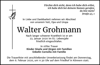 Traueranzeige von Walter Grohmann von Super Sonntag Bernburg
