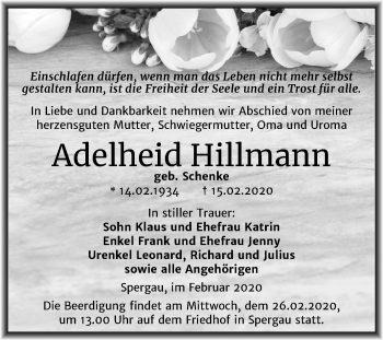 Traueranzeige von Adelheid Hillmann von Mitteldeutsche Zeitung Merseburg/Querfurt