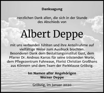 Traueranzeige von Albert Deppe von Mitteldeutsche Zeitung Köthen