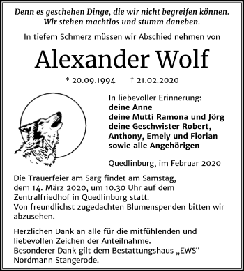 Traueranzeige von Alexander Wolf von Mitteldeutsche Zeitung Quedlinburg