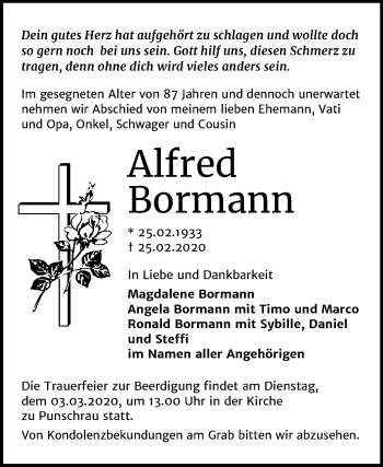Traueranzeige von Alfred Bormann von Mitteldeutsche Zeitung Naumburg/Nebra