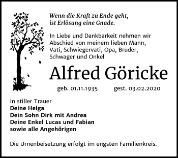 Traueranzeige von Alfred Göricke von Mitteldeutsche Zeitung Wittenberg
