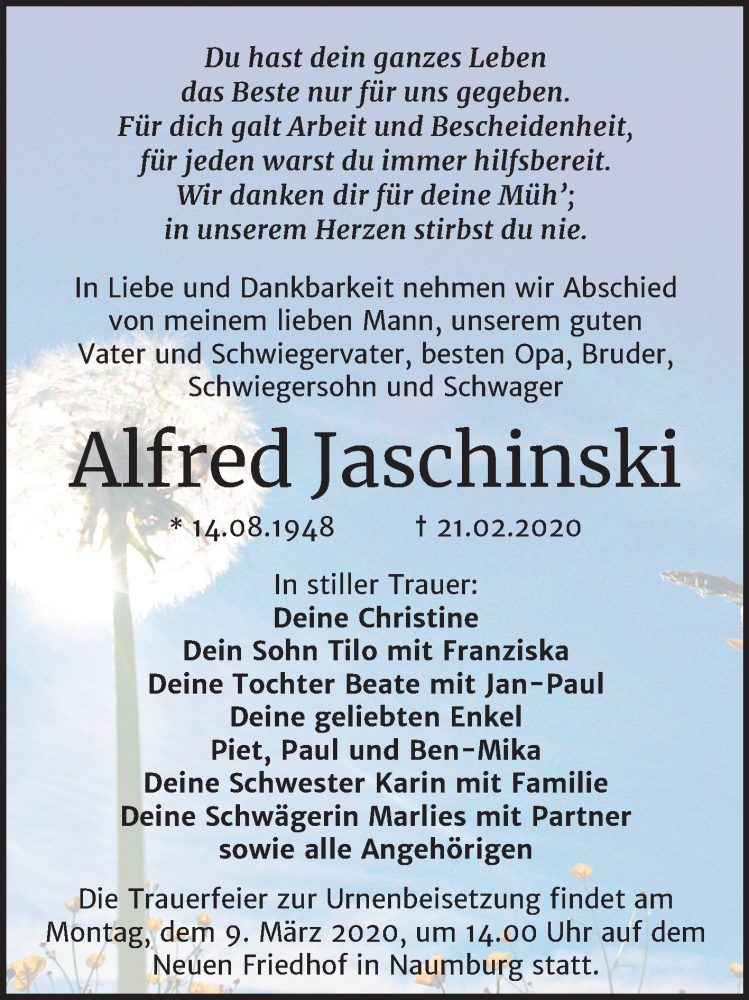  Traueranzeige für Alfred Jaschinski vom 29.02.2020 aus Mitteldeutsche Zeitung Naumburg/Nebra