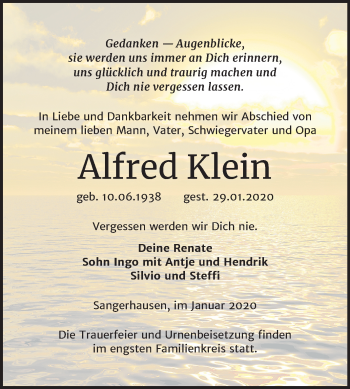 Traueranzeige von Alfred Klein von Mitteldeutsche Zeitung Sangerhausen