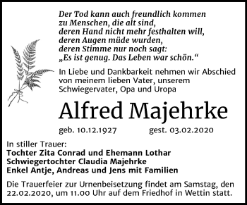 Traueranzeige von Alfred Majehrke von Mitteldeutsche Zeitung Halle/Saalkreis