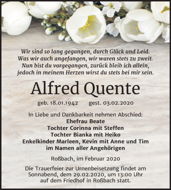 Traueranzeige von Alfred Quente von Mitteldeutsche Zeitung Merseburg/Querfurt