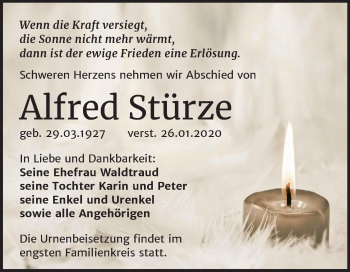 Traueranzeige von Alfred Stürze von Mitteldeutsche Zeitung Weißenfels