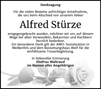 Traueranzeige von Alfred Stürze von Wochenspiegel Weißenfels