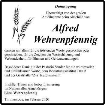 Traueranzeige von Alfred Wehrenpfennig von Super Sonntag Quedlinburg