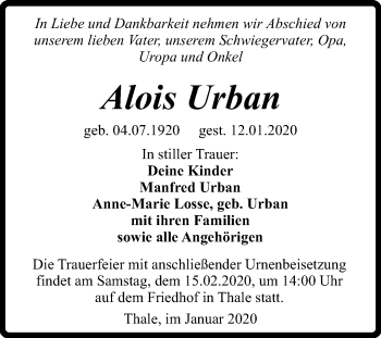 Traueranzeige von Alios Urban von Super Sonntag Quedlinburg