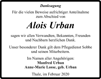 Traueranzeige von Alois Urban von Super Sonntag Quedlinburg