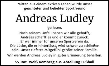 Traueranzeige von Andreas Ludley von Super Sonntag Wittenberg