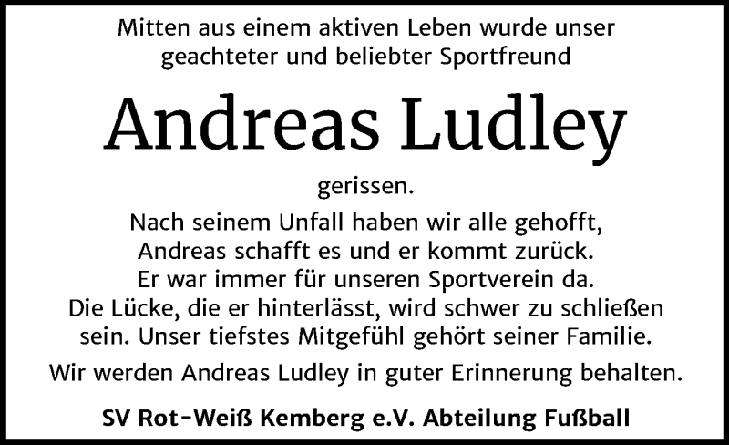 Traueranzeige für Andreas Ludley vom 01.02.2020 aus Super Sonntag Wittenberg