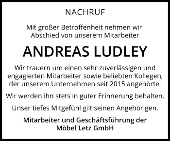 Traueranzeige von Andreas Ludley von Super Sonntag Wittenberg