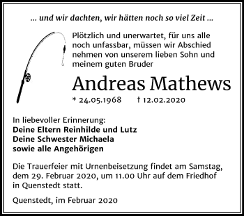 Traueranzeige von Andreas Mathews von Mitteldeutsche Zeitung Mansfelder Land