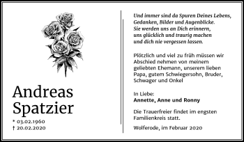 Traueranzeige von Andreas Spatzier von Mitteldeutsche Zeitung Mansfelder Land