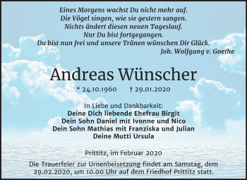 Traueranzeige von Andreas Wünscher von Wochenspiegel Weißenfels