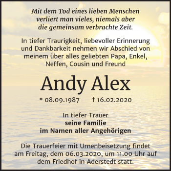 Traueranzeige von Andy Alex von Super Sonntag Bernburg