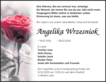Traueranzeige von Angelika Wrzesniok von Wochenspiegel Bitterfeld