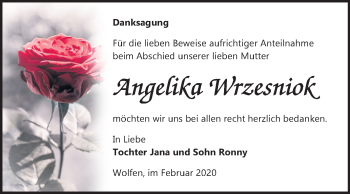 Traueranzeige von Angelika Wrzesniok von Mitteldeutsche Zeitung Bitterfeld