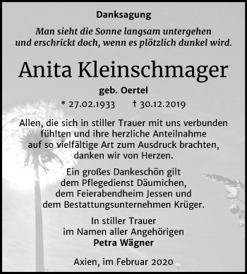 Traueranzeige von Anita Kleinschmager von Super Sonntag Wittenberg