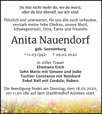 Traueranzeige von Anita Nauendorf von Mitteldeutsche Zeitung Bernburg