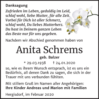 Traueranzeige von Anita Schrems von Wochenspiegel Mansfelder Land