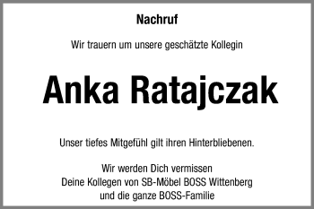 Traueranzeige von Anka Ratajczak von Super Sonntag Wittenberg