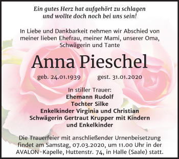 Traueranzeige von Anna Pieschel von Mitteldeutsche Zeitung Halle/Saalkreis