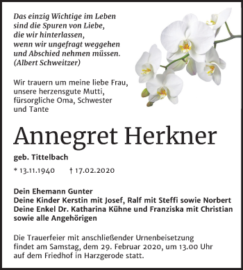 Traueranzeige von Annegret Herkner von Wochenspiegel Quedlinburg