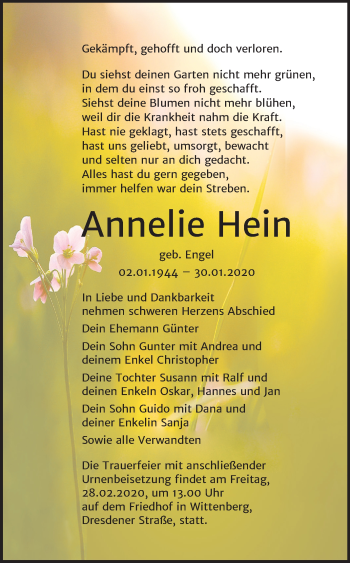 Traueranzeige von Annelie Hein von Mitteldeutsche Zeitung Wittenberg